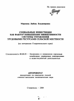 Социальные инвестиции как фактор повышения эффективности системы управления трудовыми ресурсами сельской местности - тема автореферата по экономике, скачайте бесплатно автореферат диссертации в экономической библиотеке