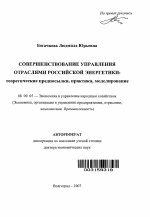 Совершенствование управления отраслями российской энергетики: теоретические предпосылки, практика, моделирование - тема автореферата по экономике, скачайте бесплатно автореферат диссертации в экономической библиотеке