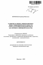 Развитие и оценка инновационно-инвестиционной деятельности в металлургическом комплексе - тема автореферата по экономике, скачайте бесплатно автореферат диссертации в экономической библиотеке