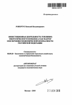 Инвестиционная деятельность топливно-энергетического комплекса как фактор обеспечения экономической безопасности Российской Федерации - тема автореферата по экономике, скачайте бесплатно автореферат диссертации в экономической библиотеке