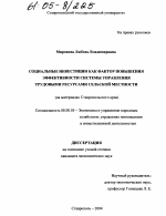 Социальные инвестиции как фактор повышения эффективности системы управления трудовыми ресурсами сельской местности - тема диссертации по экономике, скачайте бесплатно в экономической библиотеке