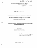 Формирование процесса управления малым предприятием в условиях нестабильной экономической среды - тема диссертации по экономике, скачайте бесплатно в экономической библиотеке